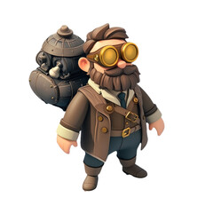 Fototapeta premium Steampunk Inventor: A Cartoon Character Portrait with a Vintage Aesthetic. A Fusion of Retro Style and Futuristic Technology in a Creative Design Illustration.