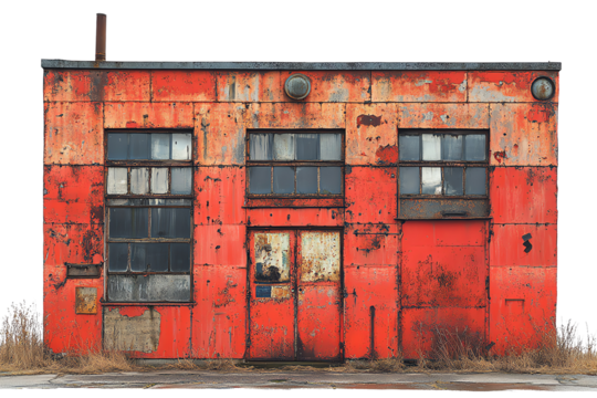 A weathered, rusted red industrial building with peeling paint and broken windows, set against a white isolate background.