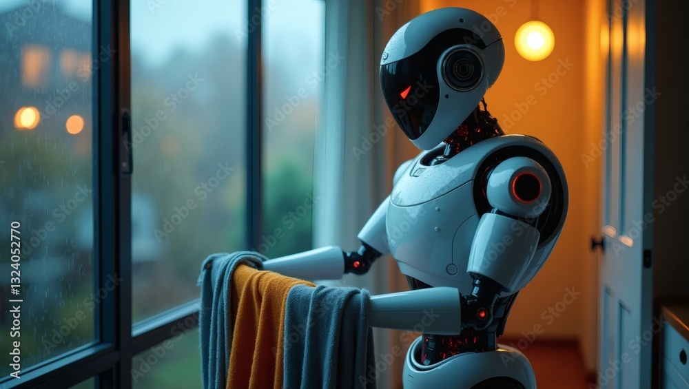 Poster a futuristic robot is doing laundry beside a window, looking out to a rainy day. the robot is holdin