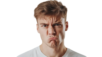 A young man displaying a frustrated expression against a white isolated background, highlighting emotions and complex feelings.