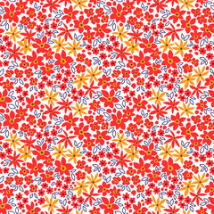 Floral pattern. Pretty abstract hand draw flowers on white background. Printing with small red and yellow flowers. Ditsy print. Seamless vector texture. Spring bouquet.  © ann_and_pen