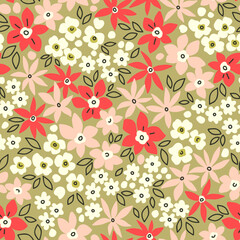 Retro floral pattern in small decorative flowers. Small red, white pink flowers. Khaki green background. Ditsy print. Floral seamless background ditsy pattern in small cute wild flowers.
