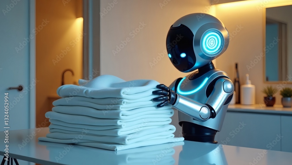 Poster a futuristic robot neatly folding a stack of fresh laundry. The scene portrays automation and technology integration in everyday life