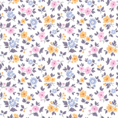 Cute floral pattern. Pretty flowers on white background. Printing with small pastel flowers. Ditsy print. Seamless vector texture. Spring bouquet. Vintage template for fashion prints. Stock vector
