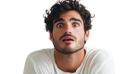 A young man with curly hair showing a surprised expression on his face, conveying shock and disbelief. Perfect for emotional and reaction imagery.