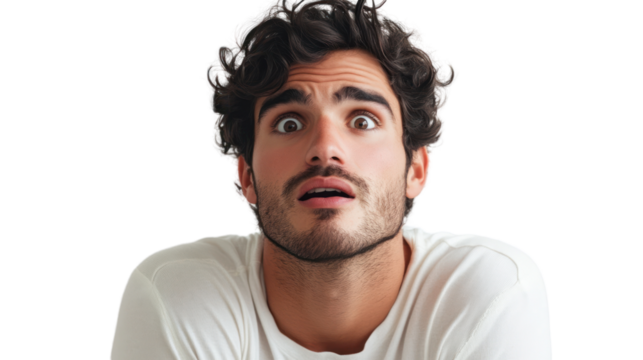 A young man with curly hair showing a surprised expression on his face, conveying shock and disbelief. Perfect for emotional and reaction imagery.