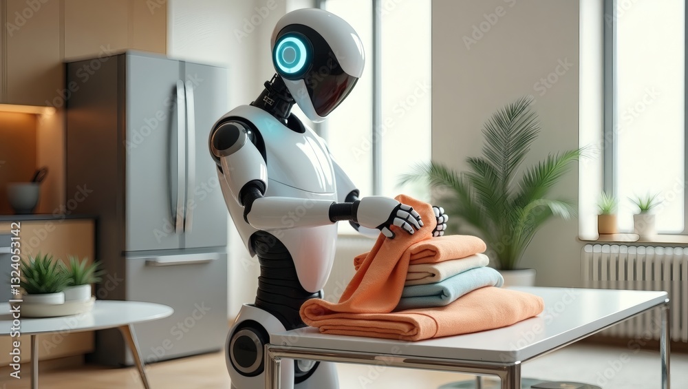 Poster a robot folding a stack of towels in a modern kitchen setting, showcasing technology's integration into daily life