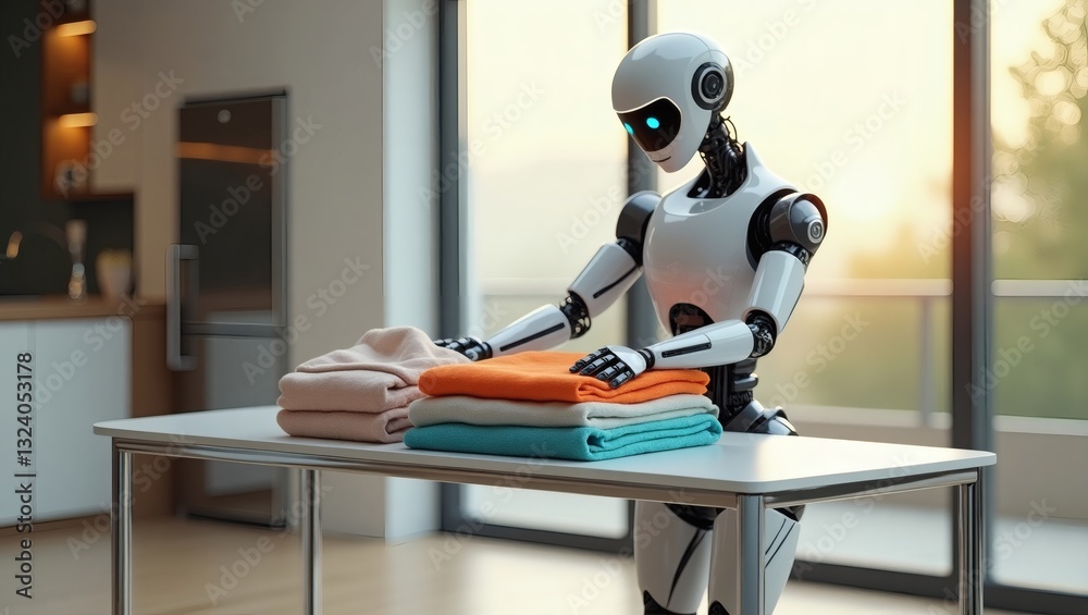 Poster a robot diligently folding a stack of colorful clothes on a table indoors, demonstrating efficiency