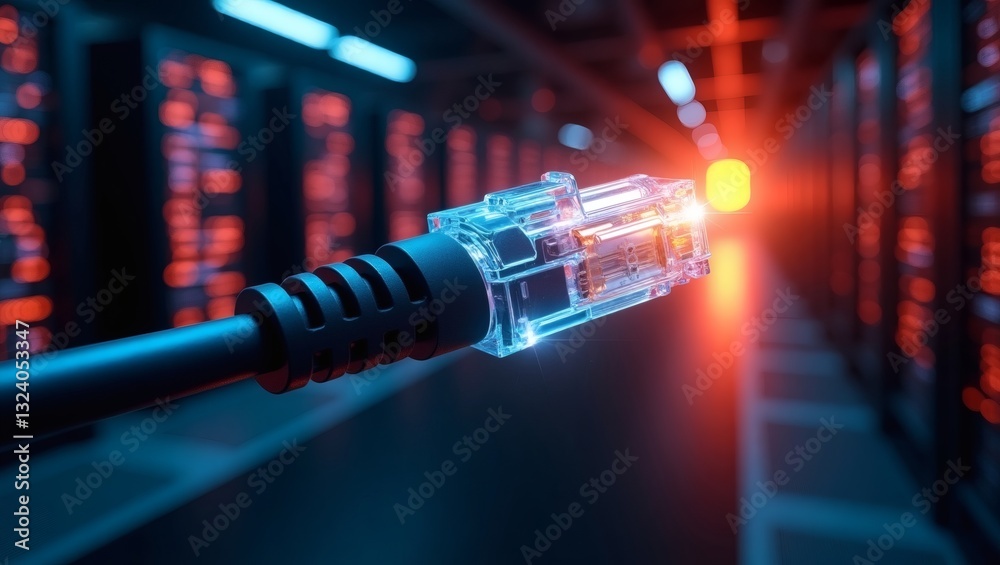 Poster a network cable connected in data center room. the cable has a blue connector and is plugged in. the
