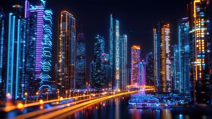 Fototapeta premium Futuristic cityscape illuminates the night sky with vibrant neon colors