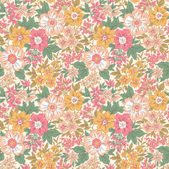 Beautiful floral pattern in small flowers. Small rose pink and yellow flowers. Coral background. Ditsy print. Floral seamless background. Elegant template for fashion prints. Stock pattern.
