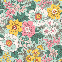 Vintage seamless floral pattern. Liberty style background of small pastel colorful flowers. Small flowers scattered over a blue background. Stock vector for printing on surfaces. Abstract flowers. © ann_and_pen