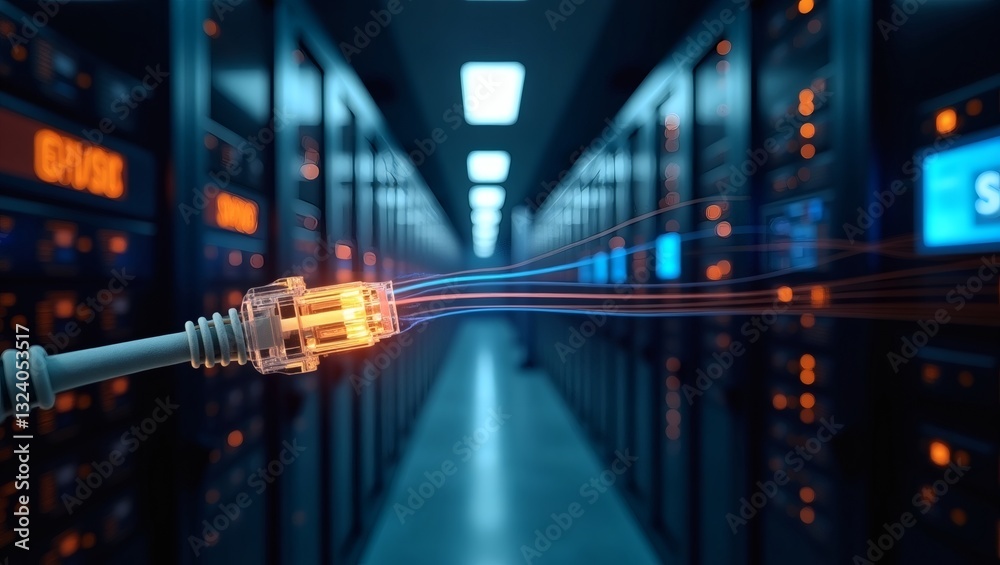 Poster an ethernet cable connecting to the servers in data center 