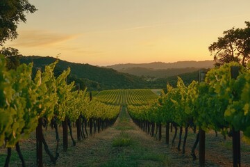 Obraz premium Vineyard at sunset with rows of lush green vines under a warm orange sky in a serene landscape