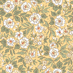 Vintage floral background. Floral pattern with white flowers on a pale yellow background. Seamless pattern for design and fashion prints. Ditsy style. Stock vector illustration. Hand drawn vintage