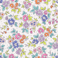 Vector seamless pattern. Cute pattern in small flowers. Small bright colorful flowers. White background. Ditsy floral background. Trendy template for fashion prints. Stock vector.