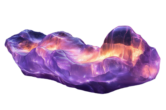 Abstract purple crystal with glowing details, floating on a transparent background, ideal for creative design and artistic projects.