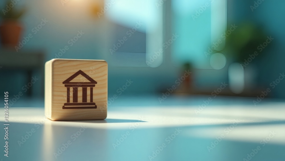 Poster a wooden block with a bank symbol on it, representing finance and economics. the block sits on a sur