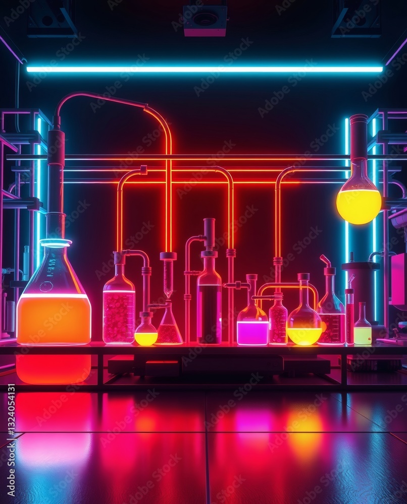 Poster a futuristic laboratory with colorful neon lights and glass beakers filled with glowing liquids. the
