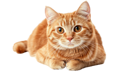 Adorable orange tabby cat lying down with a curious expression, isolated on a white background, perfect for animal lovers and pet related themes.