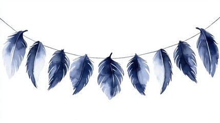 Obraz premium Delicate Blue Watercolor Leaves Strung on a Line for an Aesthetic Decor or Design Element