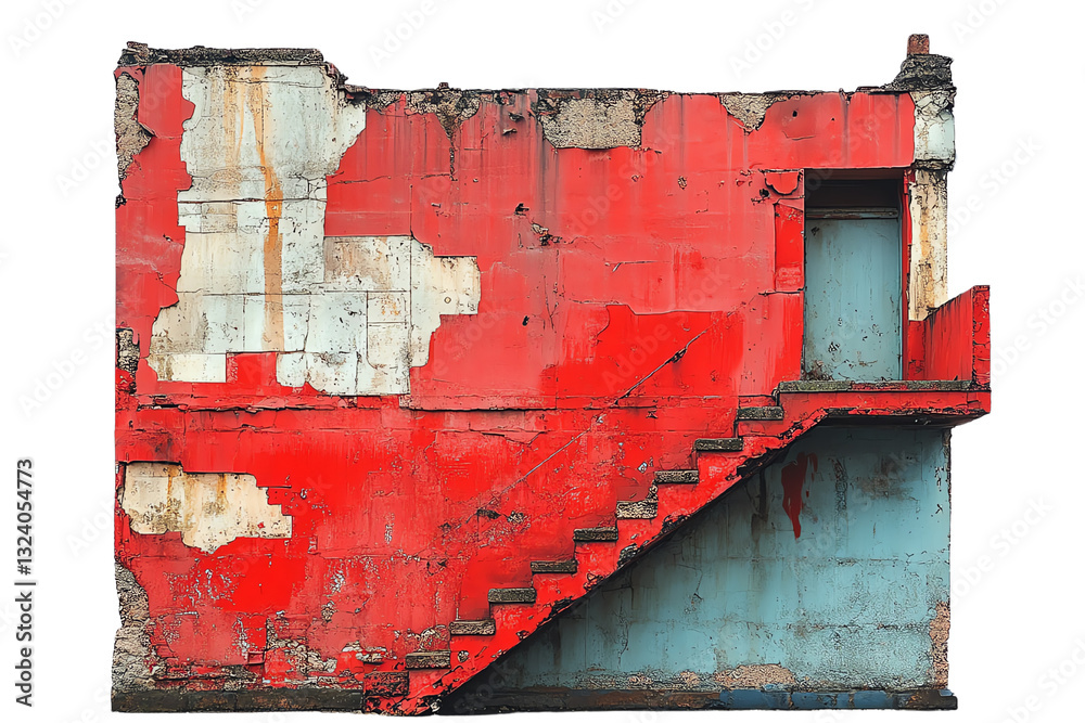 Aufkleber an abstract view of a damaged red and blue wall with an attached staircase, showcasing unique textur