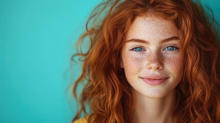 This portrait captures a young girl with fiery red hair and freckles, beaming a warm smile, showcasing innocence and joy in her captivating blue eyes.