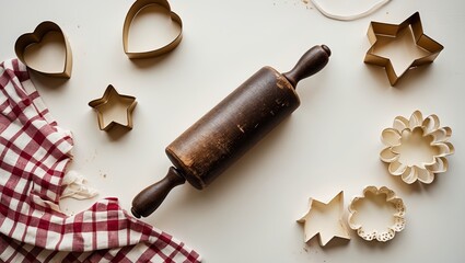 Kitchen baking essentials including rolling pin and various cookie cutters on a countertop with checkered cloth