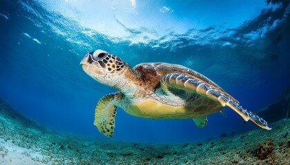 Fototapeta premium Green Sea Turtle swimming in clear blue water