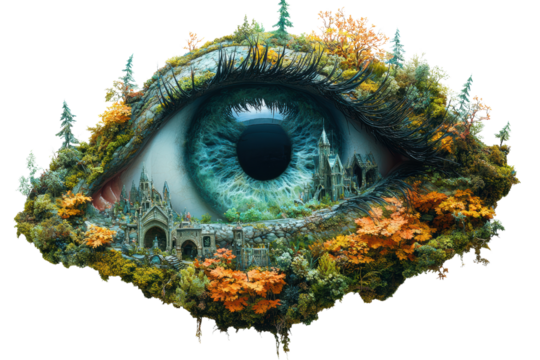 An artistic depiction of an eye with a miniature landscape inside, featuring vibrant nature and ancient architecture, showcasing the beauty of vision.