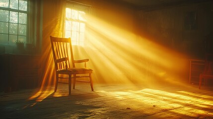 Sunlight streaming through windows illuminates empty chair in abandoned room evoking nostalgia and serenity