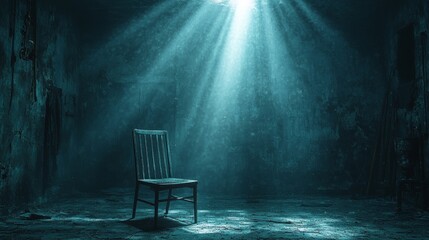 Eerie light shines on isolated chair in dark room atmospheric photography haunting environment dramatic viewpoint