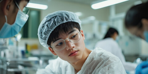 Young Man in Bouffant Cap and Glasses in Clinical Environment