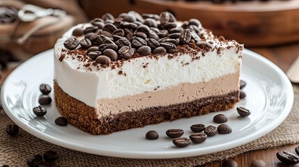 Slice of delicious three layered coffee cake topped with beans