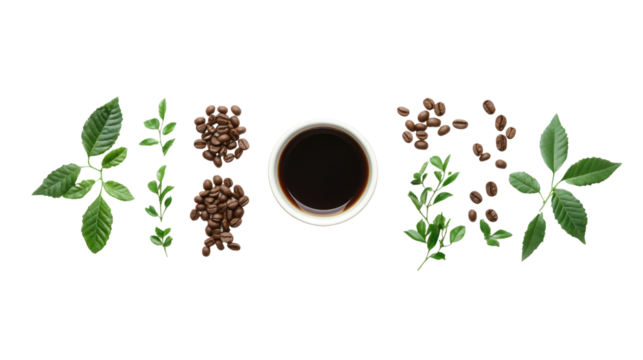 Aromatic coffee beans, fresh leaves, and a cup of coffee arranged artistically on a white background. Perfect for coffee lovers and culinary themes.