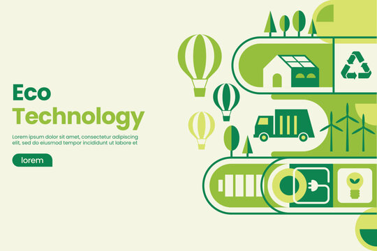 Eco technology design with green energy, renewable resources, and sustainable solutions in flat modern style.