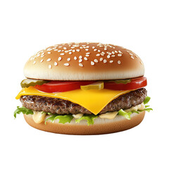 A delicious hot burger in close-up with flying ingredients on a black background.