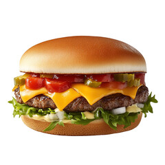 A delicious hot burger in close-up with flying ingredients on a black background.