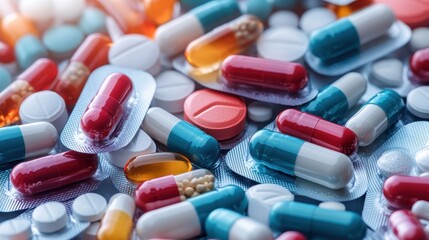 A visually dynamic arrangement of capsules and tablets depicting a mixture of pharmaceutical items on a sophisticated and textured background for health themes.
