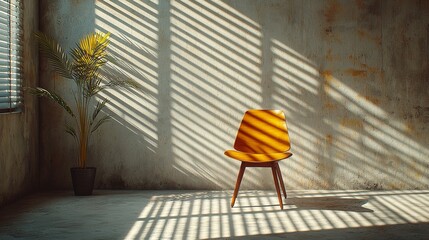 Sunlight streaming through blinds on a vintage chair and plant in a minimalist room creating a calming ambiance