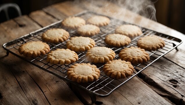 Freshly baked cookies cooling on a wire rack after being removed from the oven in a rustic kitchen setting
