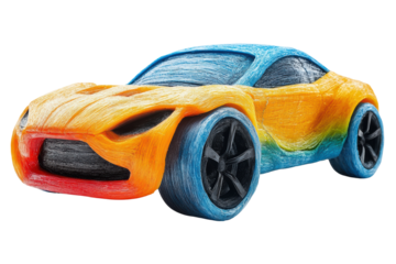 Colorful 3D printed car model showcasing vibrant orange and blue hues, highlighting its unique design against a white isolated background.