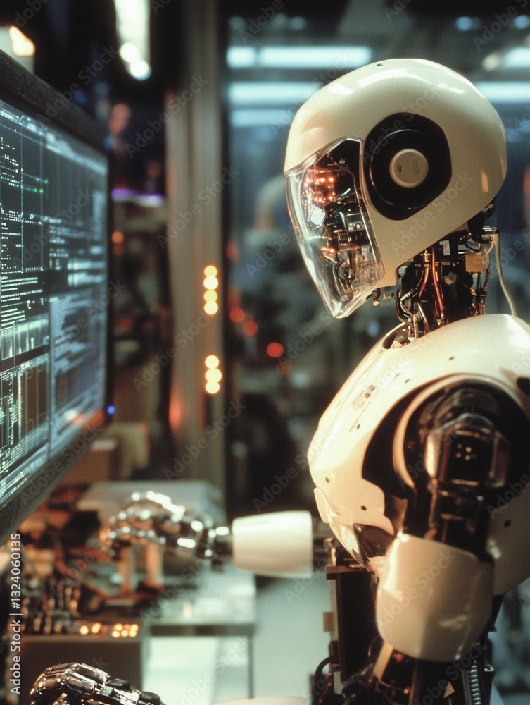 Aufkleber High-tech laboratory featuring a robot analyzing data on computer screens while illuminated by blinking lights