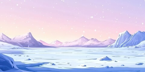Serene Winter Landscape: A Breathtaking View of Snowy Mountains and Frozen Lake Under a Pastel Sky