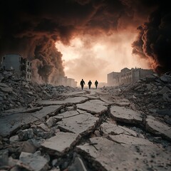 A dramatic scene depicting four figures walking towards a fiery horizon amid a devastated landscape of broken ground and ruined buildings.