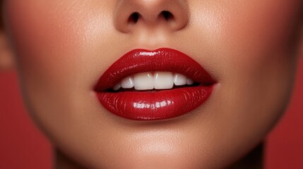 Fototapeta premium A striking close-up of gorgeous red lips along with a bright white smile, exuding beauty and confidence, symbolizing modern trends in fashion and self-expression.