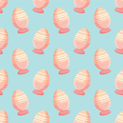 Seamless pattern with striped easter eggs inside a decorated egg cups on a blue background. Easter vector background. Editable.