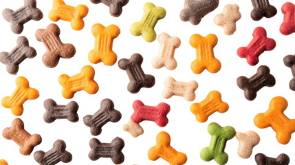 Colorful dog treats in various shapes scattered on a surface, perfect for rewarding pets. A vibrant array of flavors and textures for furry friends.