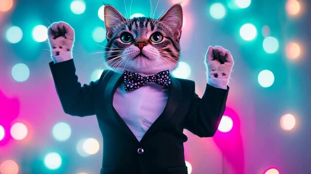 Dapper cat celebrates with dance moves in colorful bokeh background in tuxedo