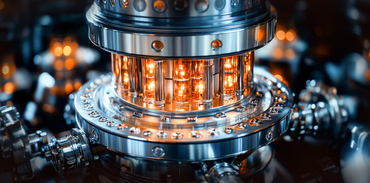 A complex setup of glowing quantum components illustrates qubits, superposition, and entanglement, optimizing algorithms and datasets.